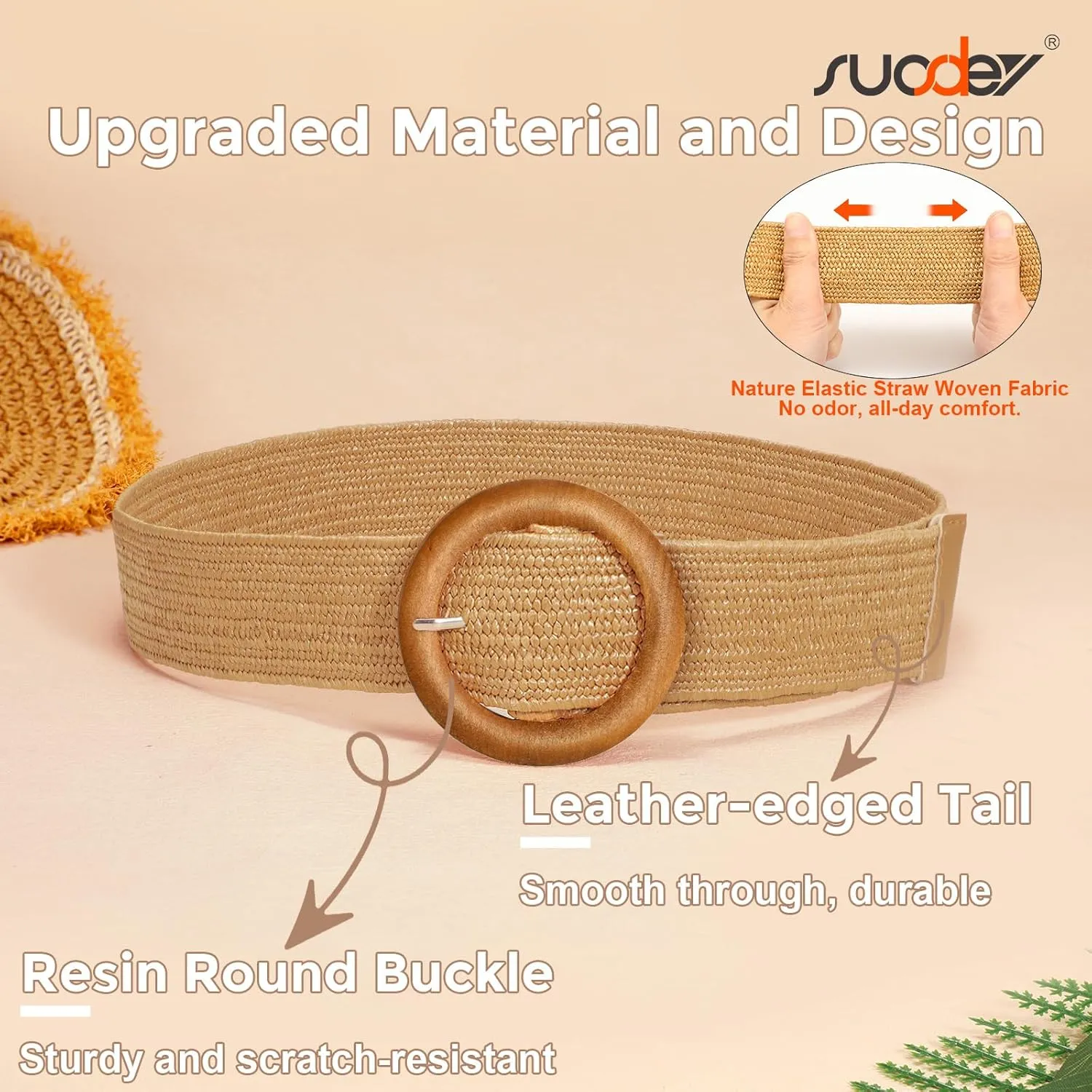 SUOSDEY Straw Woven stretchy Waist Belt for Women Dresses,Wide Boho Braided Elastic Belt with Round Buckle