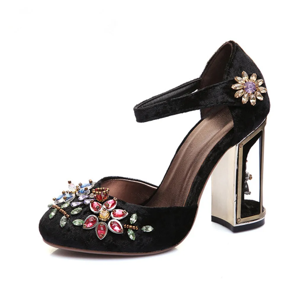 Vintage Handmade Mary Jane Pumps Heels with Rhinestone Decoration