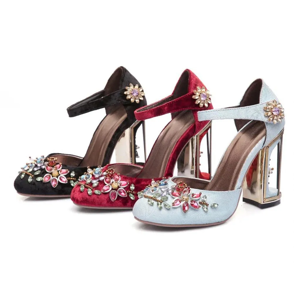 Vintage Handmade Mary Jane Pumps Heels with Rhinestone Decoration