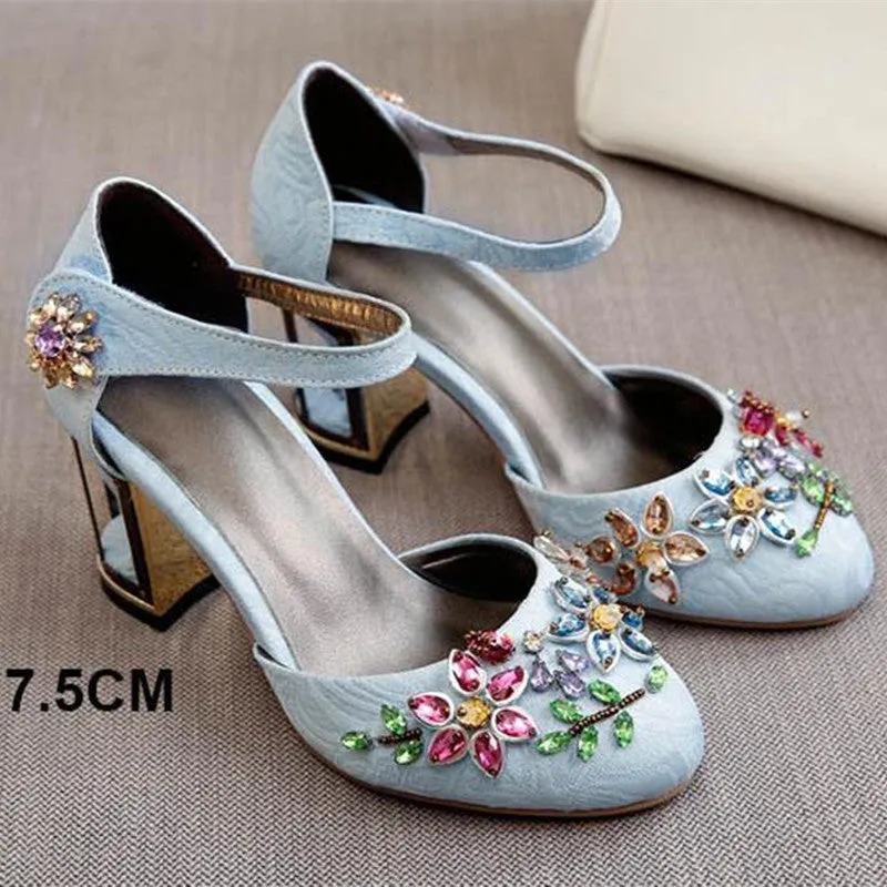 Vintage Handmade Mary Jane Pumps Heels with Rhinestone Decoration