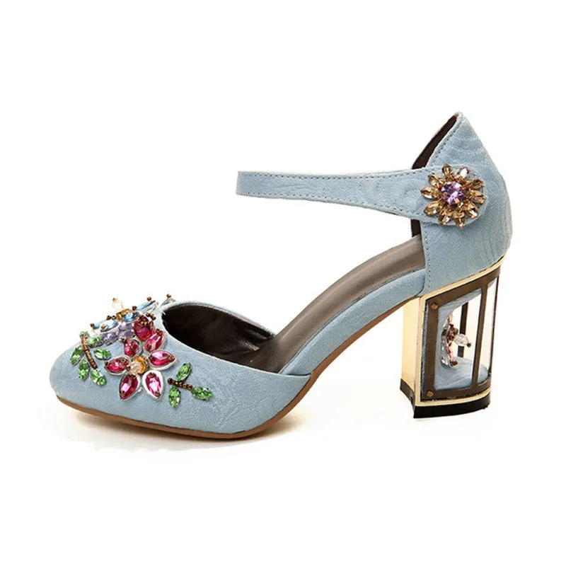 Vintage Handmade Mary Jane Pumps Heels with Rhinestone Decoration