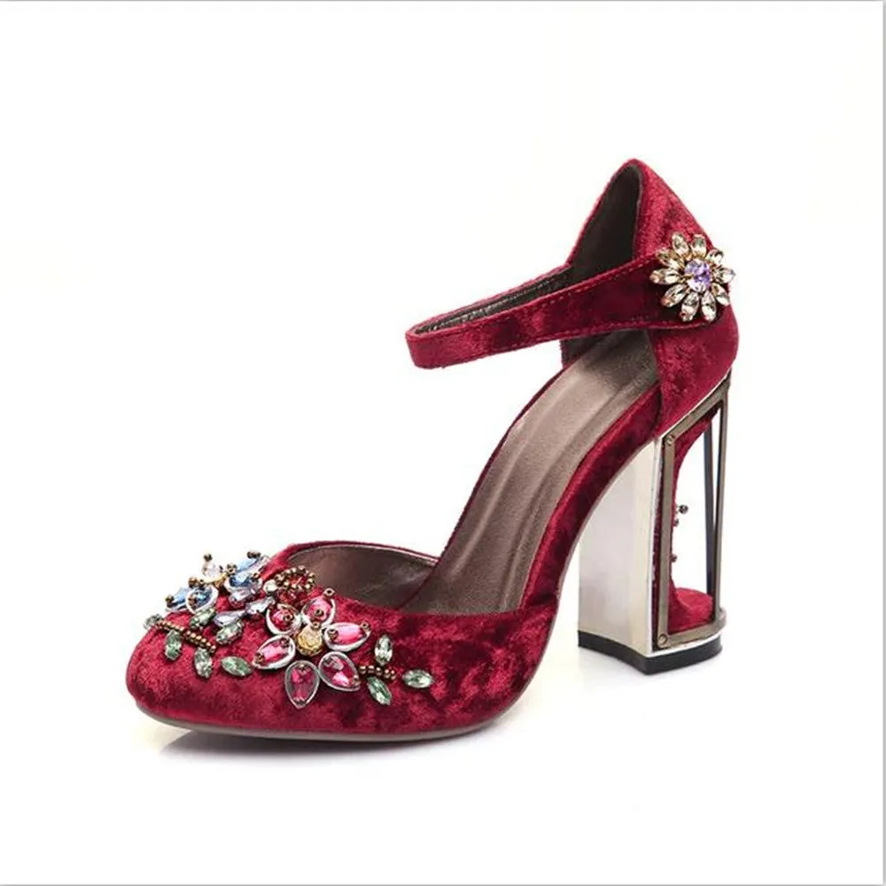 Vintage Handmade Mary Jane Pumps Heels with Rhinestone Decoration