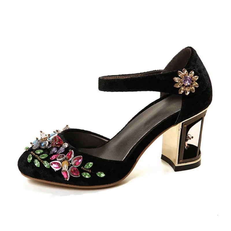Vintage Handmade Mary Jane Pumps Heels with Rhinestone Decoration