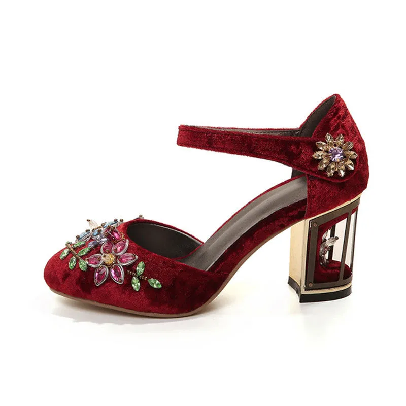 Vintage Handmade Mary Jane Pumps Heels with Rhinestone Decoration