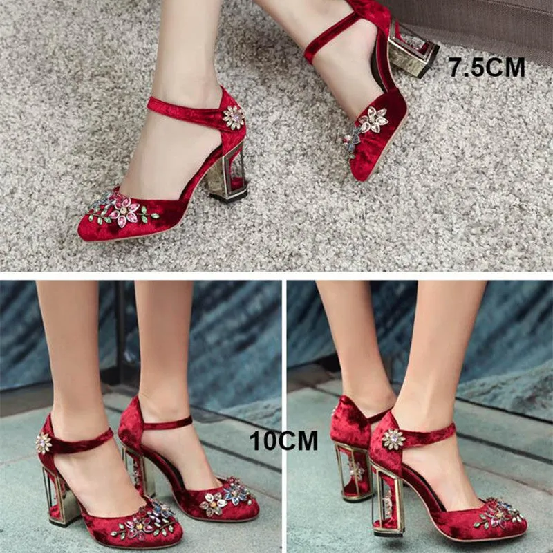 Vintage Handmade Mary Jane Pumps Heels with Rhinestone Decoration