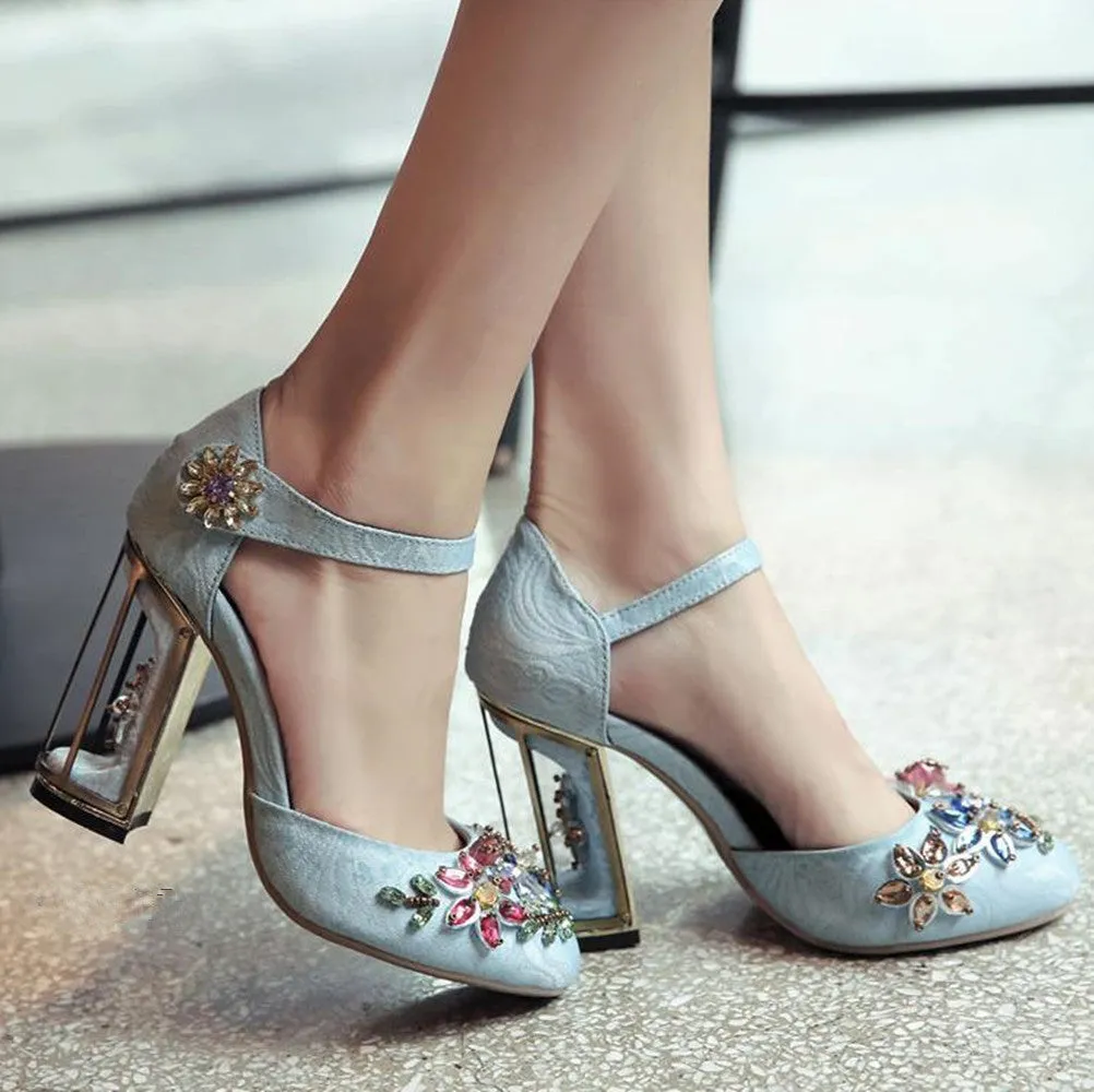 Vintage Handmade Mary Jane Pumps Heels with Rhinestone Decoration