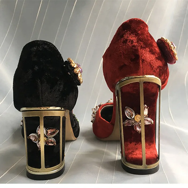 Vintage Handmade Mary Jane Pumps Heels with Rhinestone Decoration