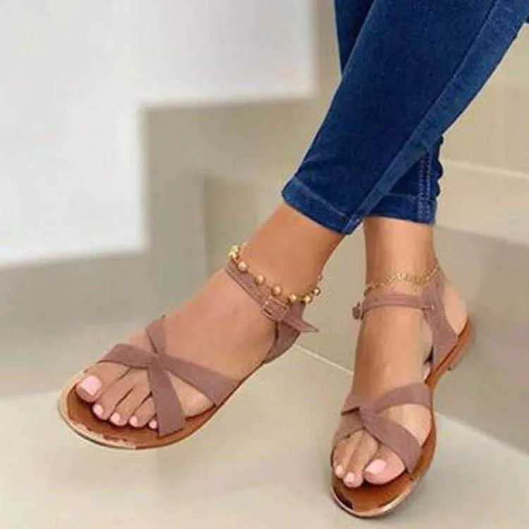 Women criss cross strap summer flat buckle ankle strap sandals