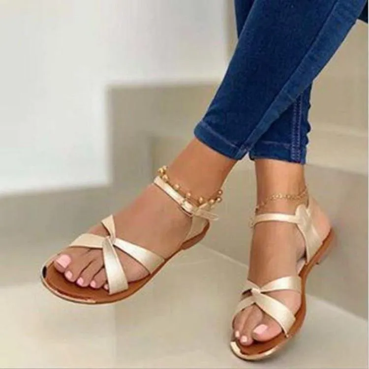 Women criss cross strap summer flat buckle ankle strap sandals