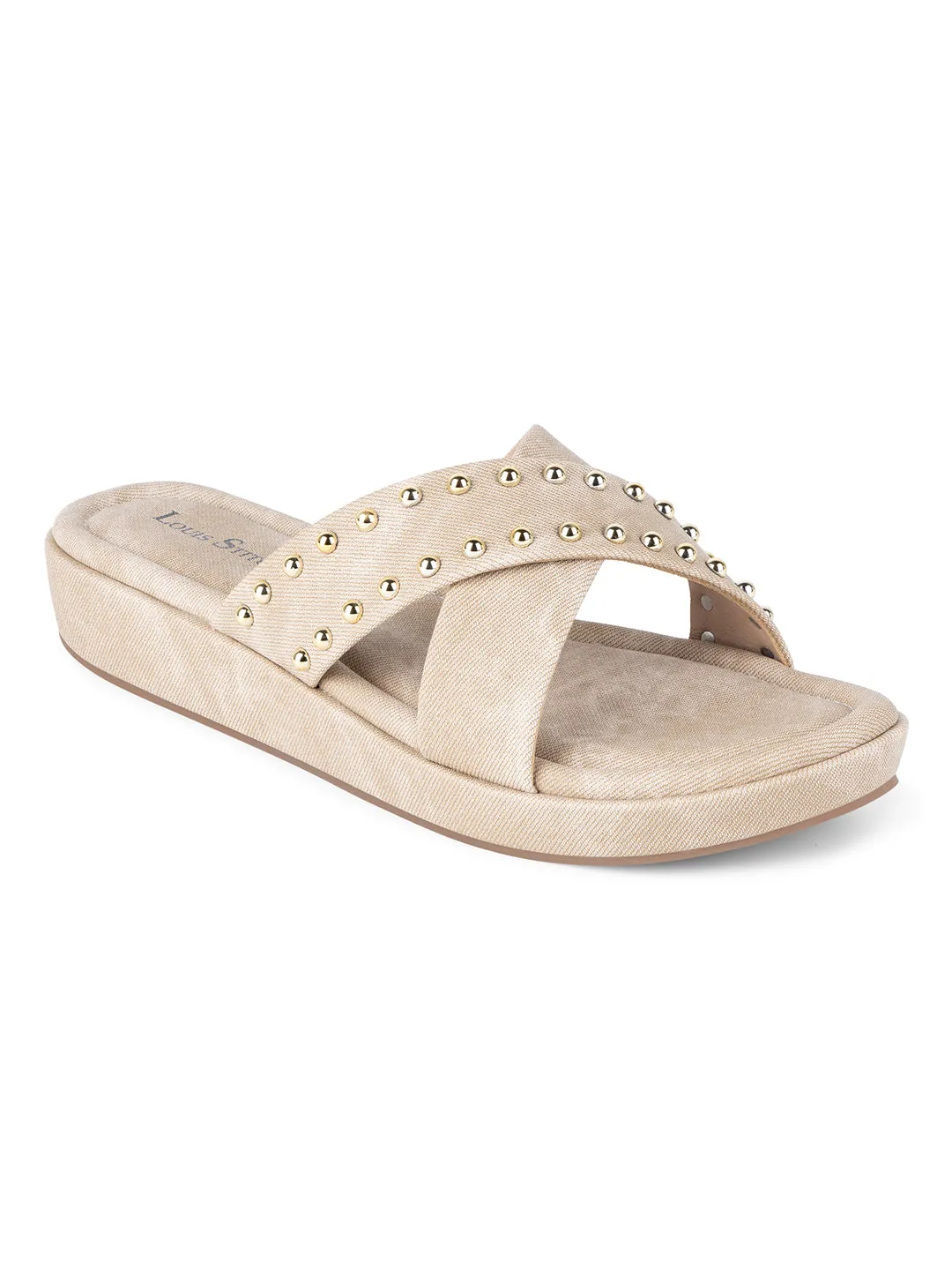Women's Beige Cross Strap and Beaded Embellishments Lightweight Sandals