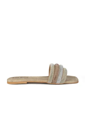 Women's Beige Glitter Strap Flat Heel Lightweight Sandals