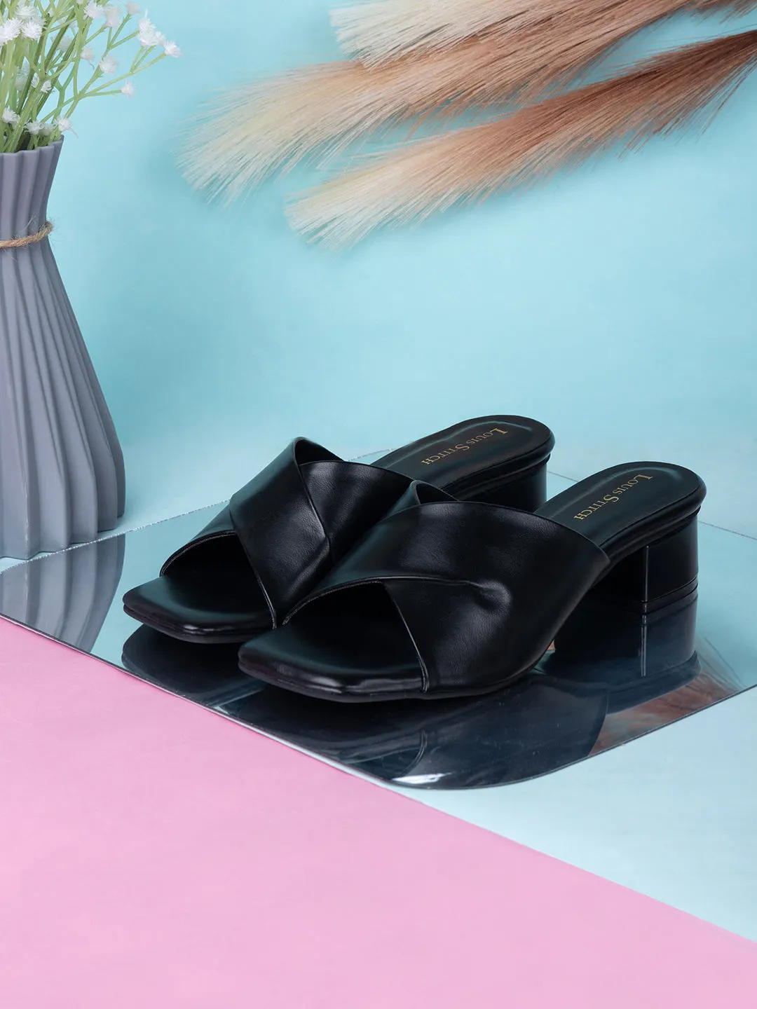 Women's Black Block Heel Mules Lightweight Sandals