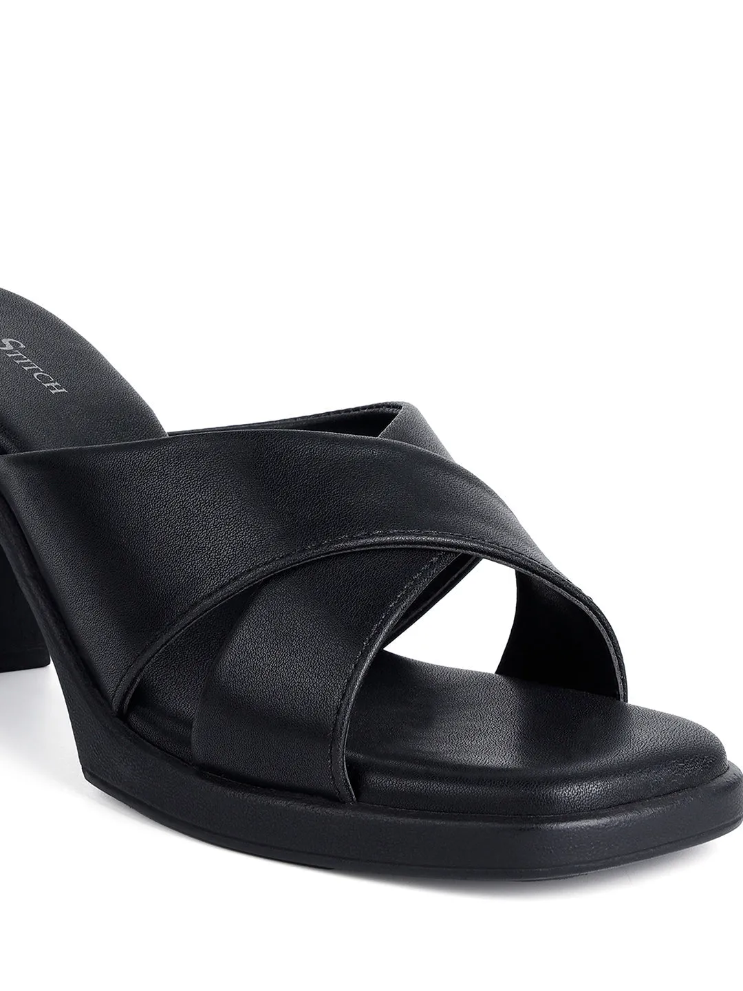 Women's Cross Strap Block Heel Jet Black Lightweight Sandals