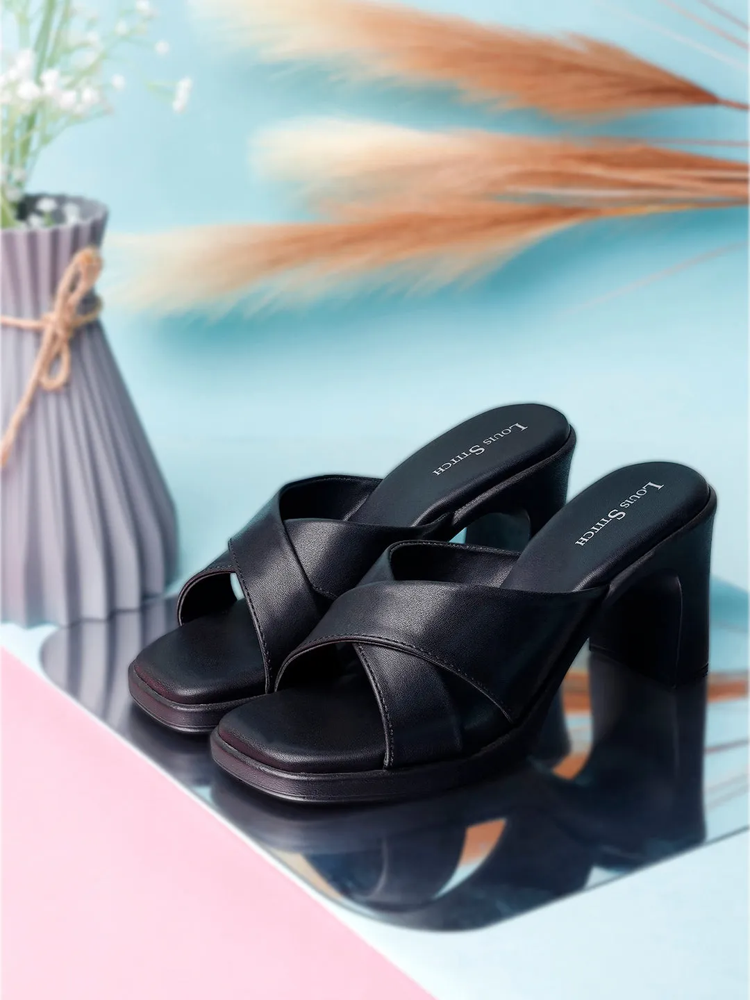 Women's Cross Strap Block Heel Jet Black Lightweight Sandals