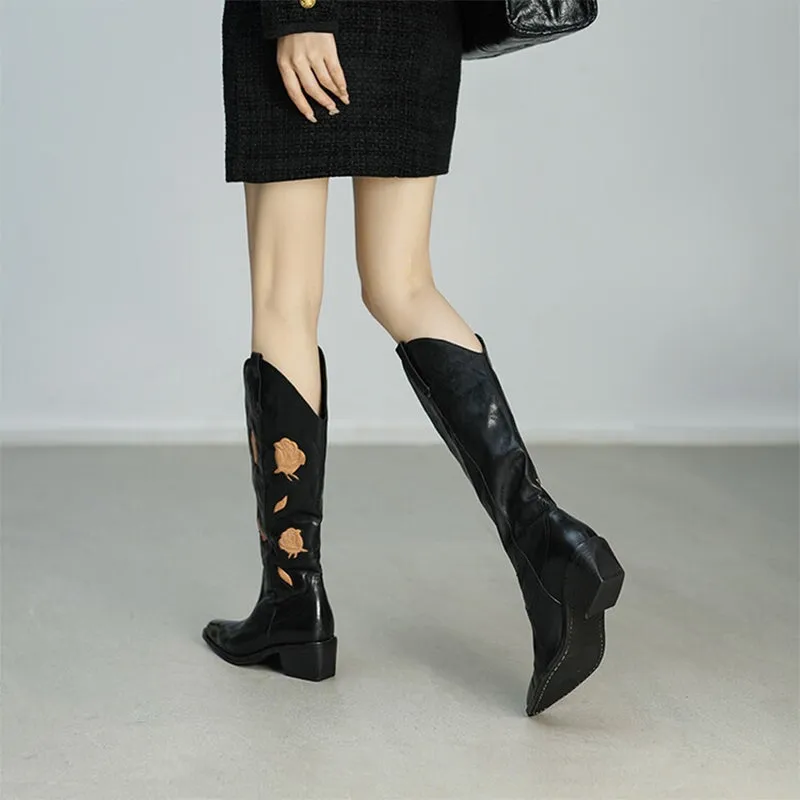 Womens Flower Embroidery Leather Western Boots Knee High Cowgirl Boots in Black