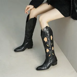 Womens Flower Embroidery Leather Western Boots Knee High Cowgirl Boots in Black