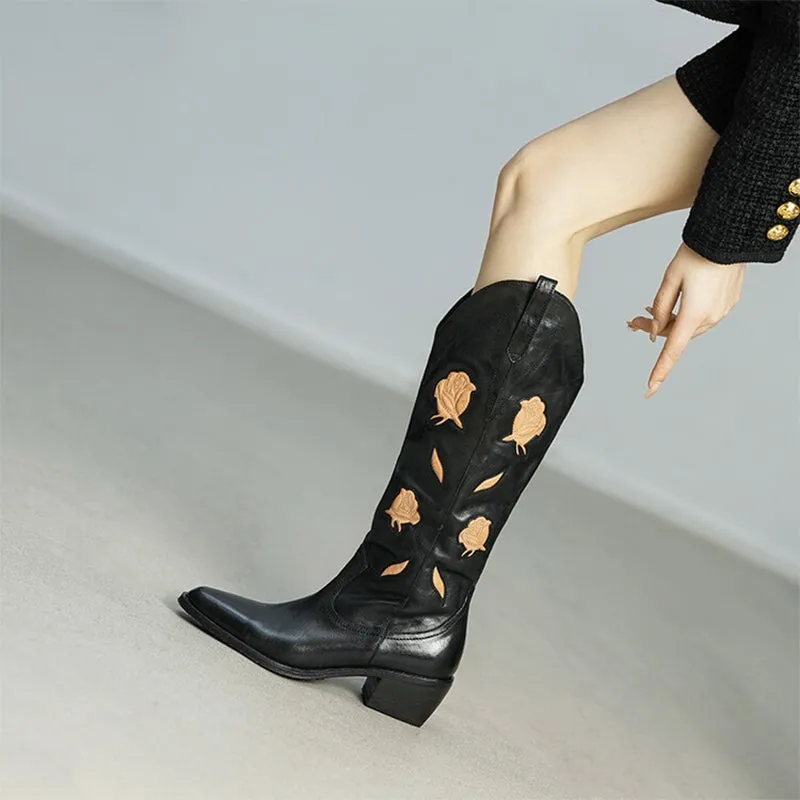 Womens Flower Embroidery Leather Western Boots Knee High Cowgirl Boots in Black