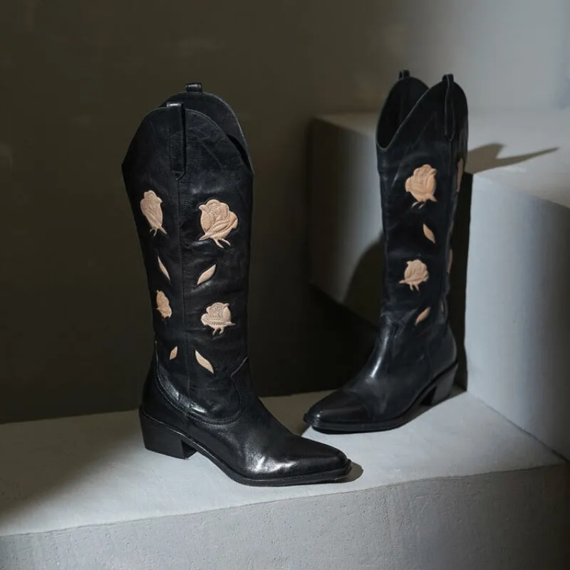 Womens Flower Embroidery Leather Western Boots Knee High Cowgirl Boots in Black
