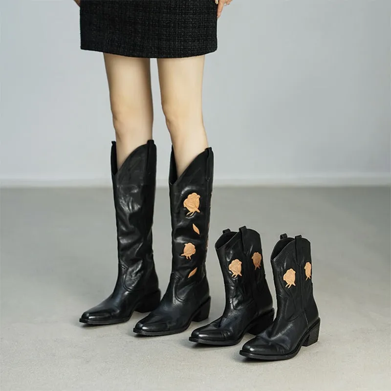 Womens Flower Embroidery Leather Western Boots Knee High Cowgirl Boots in Black