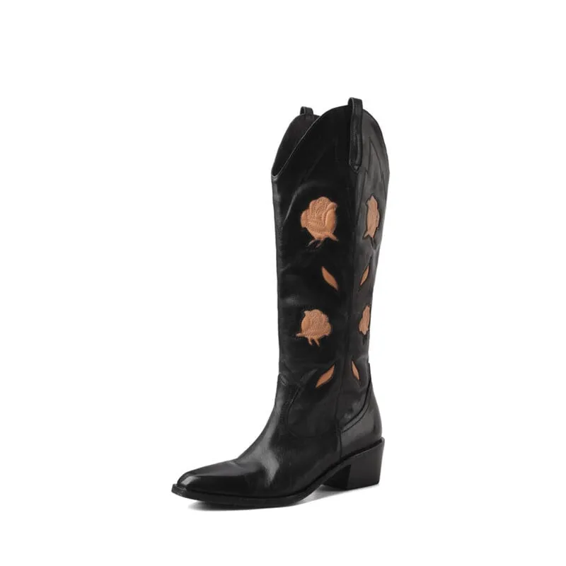 Womens Flower Embroidery Leather Western Boots Knee High Cowgirl Boots in Black