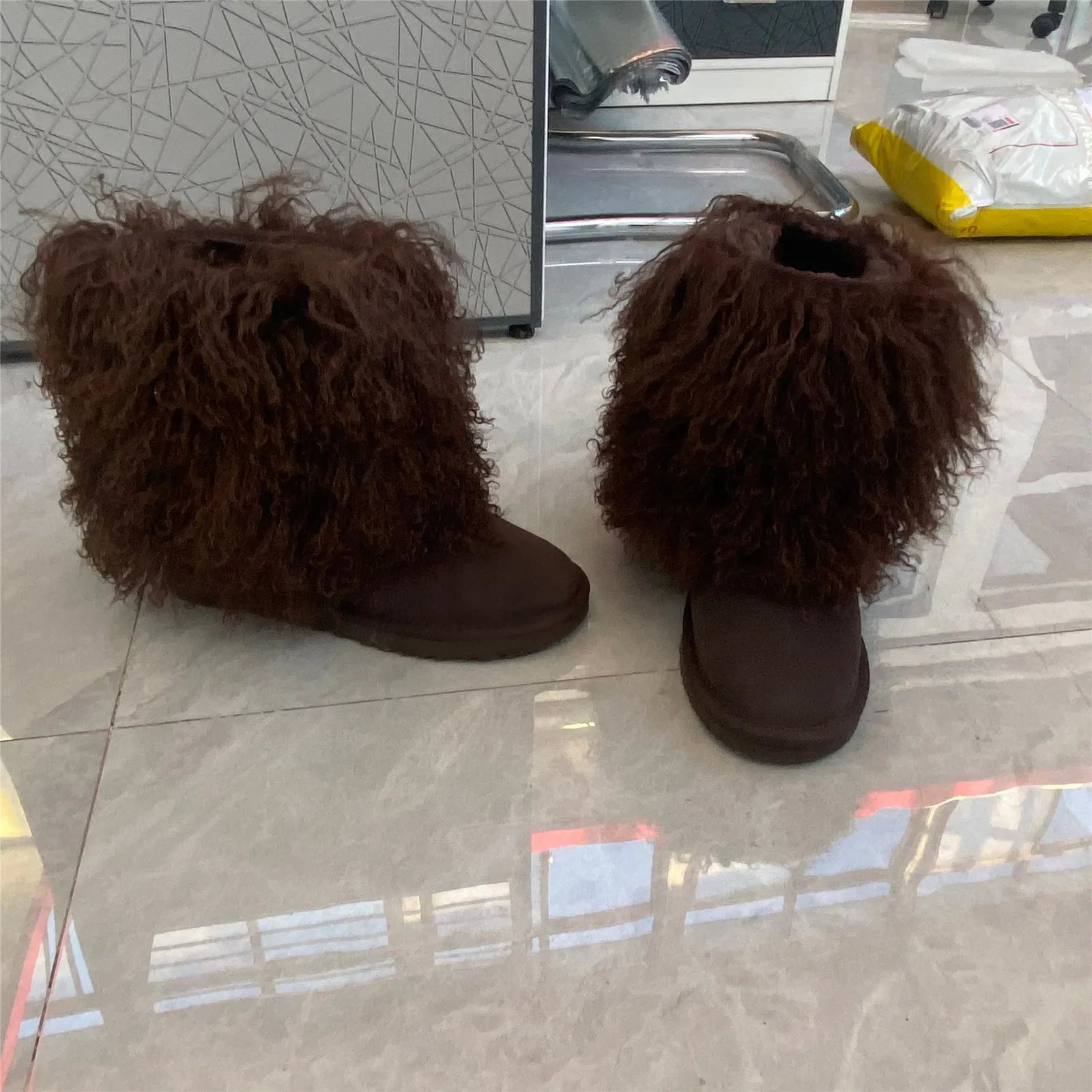 Women's Fluffy Real Mongolian Sheep Mid Half Hair Boot Furry Snow Boots With Comf Warm Booties With Wool Lining