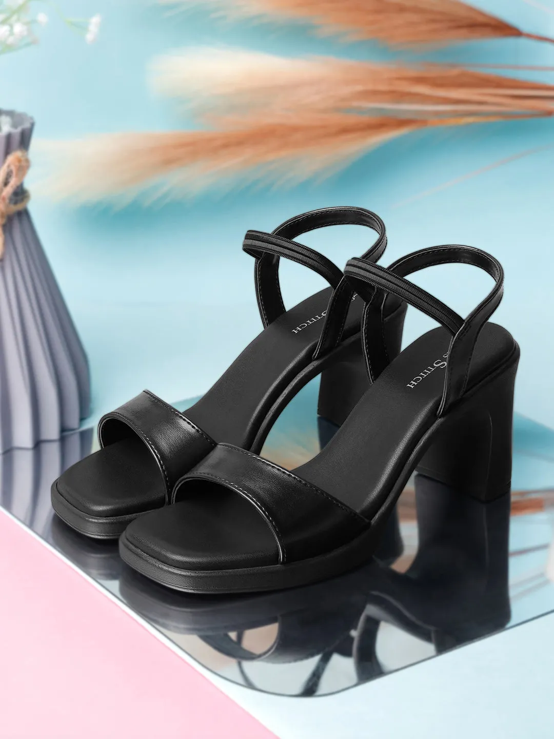 Women's Stylish Block Heel Jet Black Lightweight Sandals