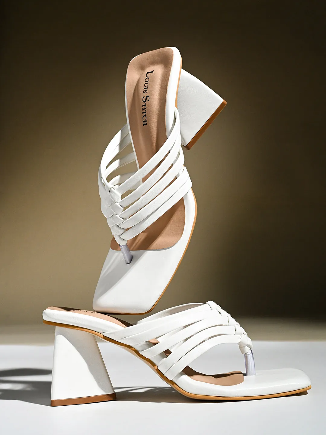 Women's White Weaved T-Strap Block Heel Lightweight Sandals