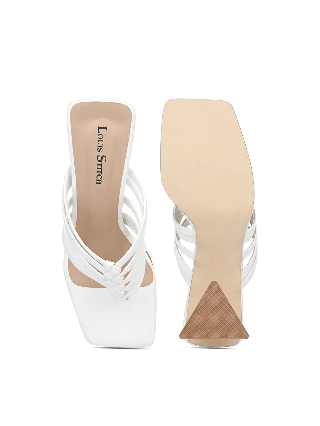 Women's White Weaved T-Strap Block Heel Lightweight Sandals