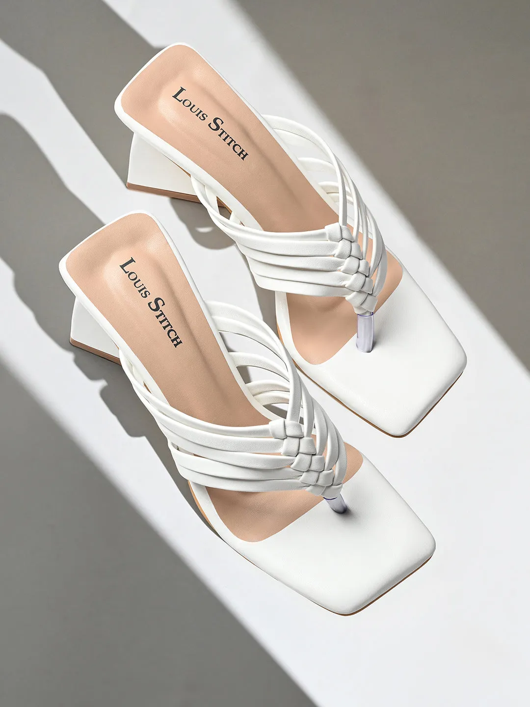 Women's White Weaved T-Strap Block Heel Lightweight Sandals
