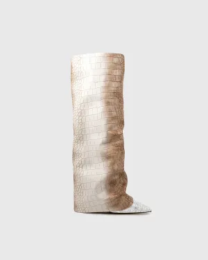 Zahari Ruched Crocodile Print Wedge Knee High Boots In Ombre